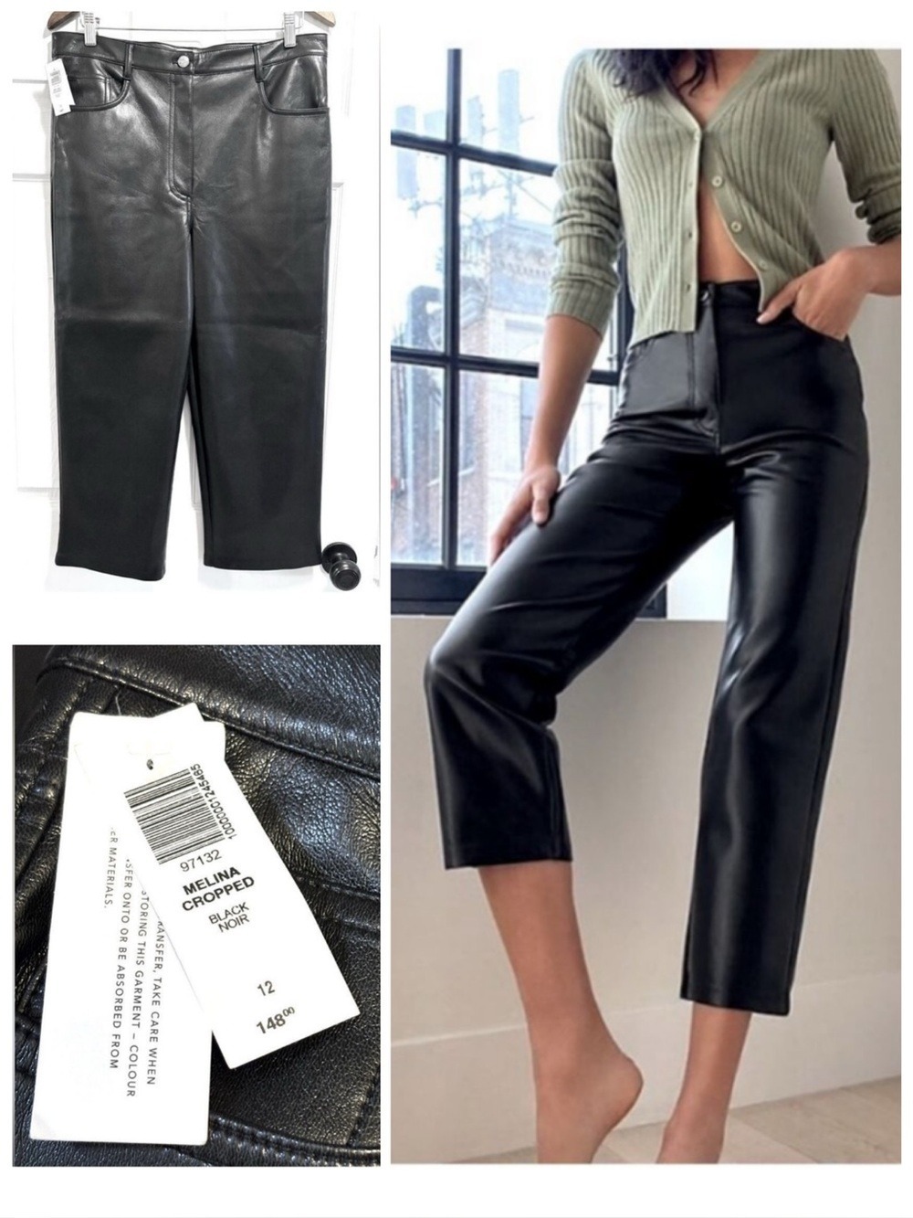 NWT Aritzia Wilfred Melina Faux Leather Crop Pants Black High Rise Vegan Size 12